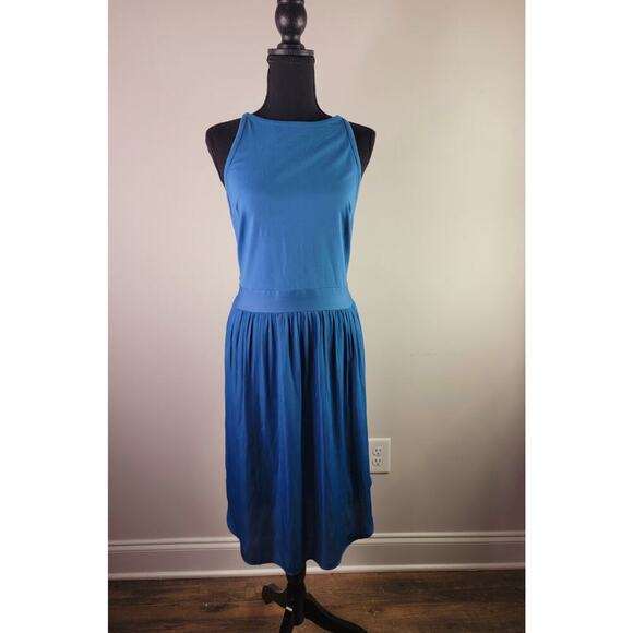 LOFT Blue Racer Sleeveless Flare Dress Front Tie with Pockets Sz 8P - Picture 1 of 5